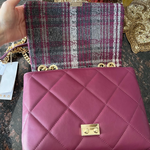 Michelle Moon Quilted Leather And Tweed Two-Tone Fabric Bag in Plum And Grey - Picture 10 of 16